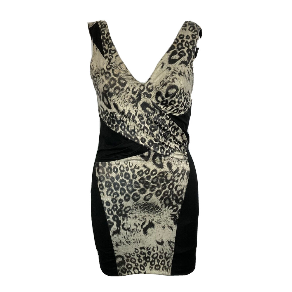 Nikibiki Dress Womens Sz S‎ Black Beige Leopard Wrap Stretch V-Neck Bodycon Mini